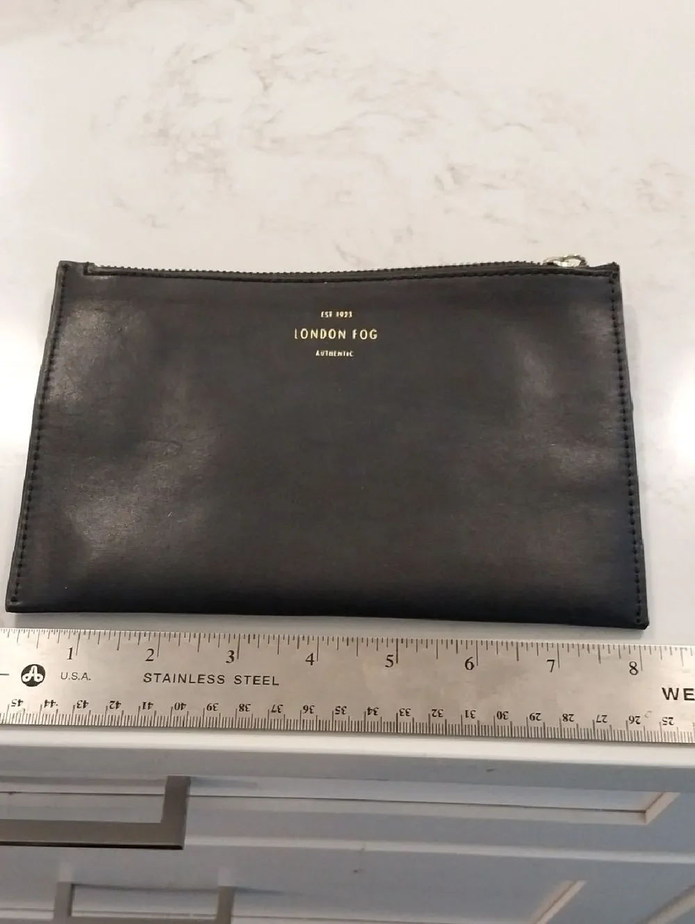 London Fog Black Leather Zip Pouch with Gold Logo